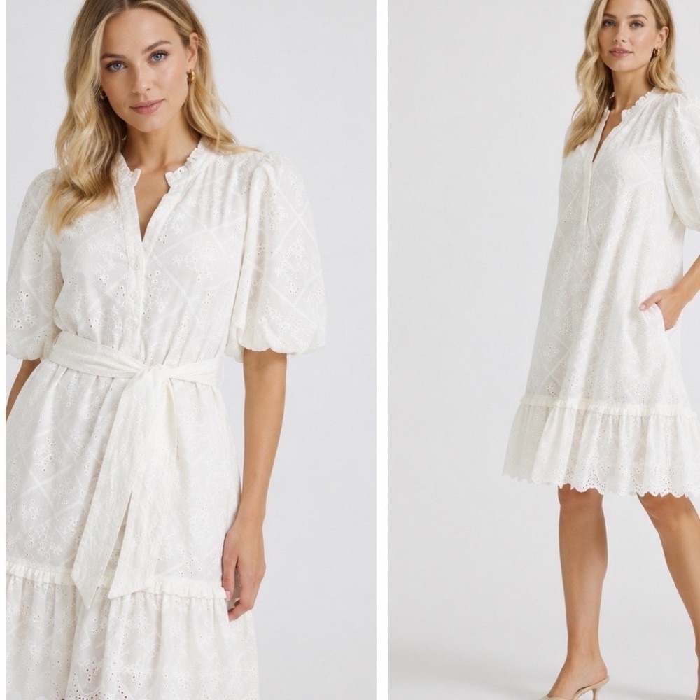 Sugarlips White Eyelet Lace Mini Dress XL NWT Puff Sleeve Tiered Ruffle Belted